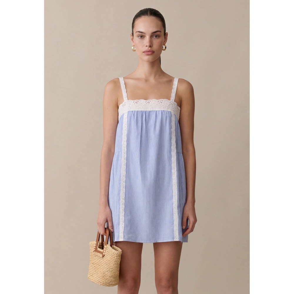 Kourt Florence Blue White Pinstripe Eyelet Lace Babydoll Mini Dress Small